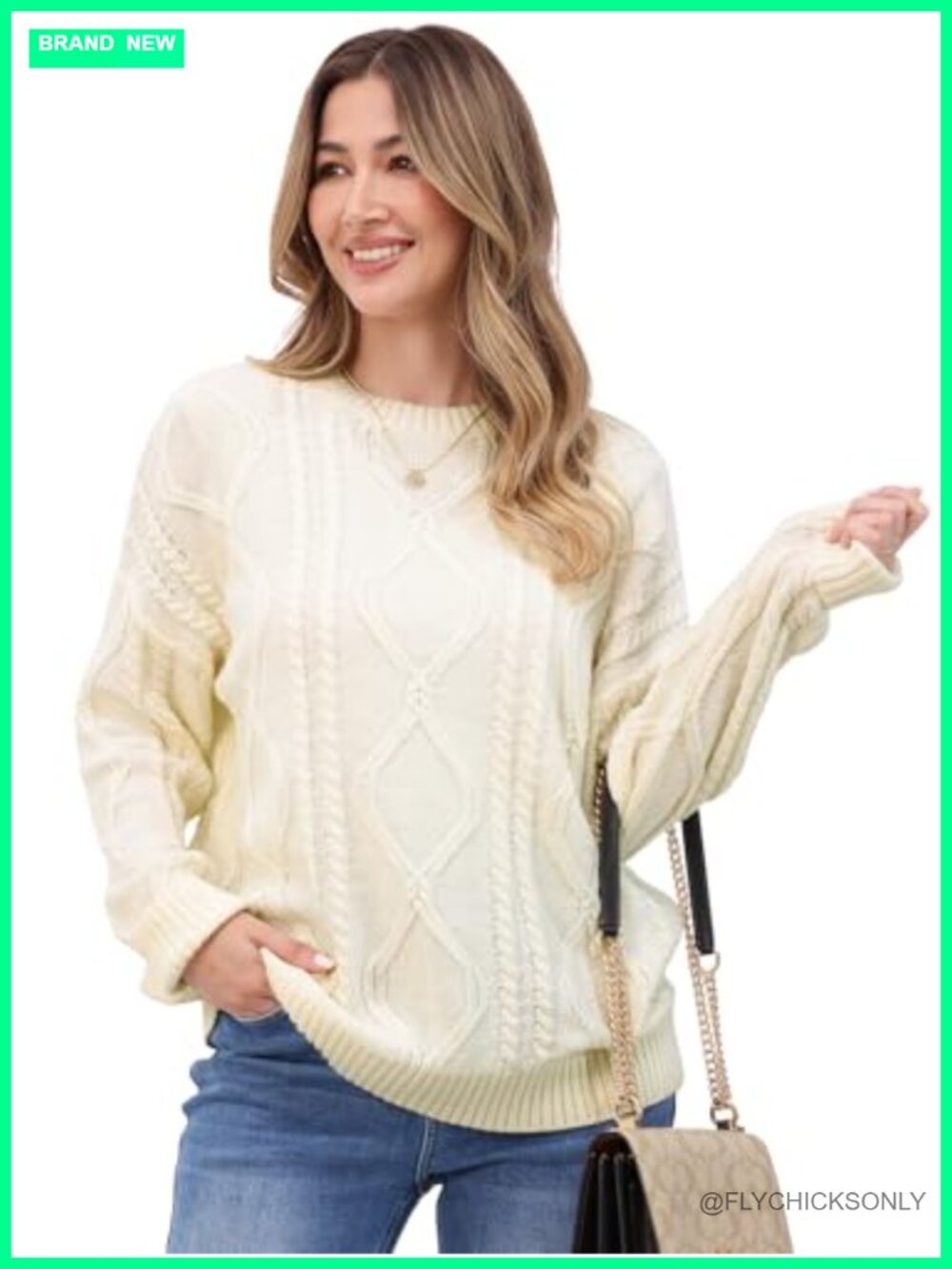 Women's Oversized Cable Knit Chunky Pullover Sweater Crew Neck - Picture 4 of 6